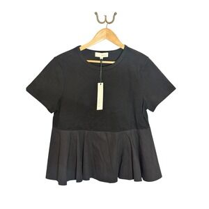 Pinch Black Mixed Media Peplum Top Short Sleeve Crewneck Blouse NWT Size L